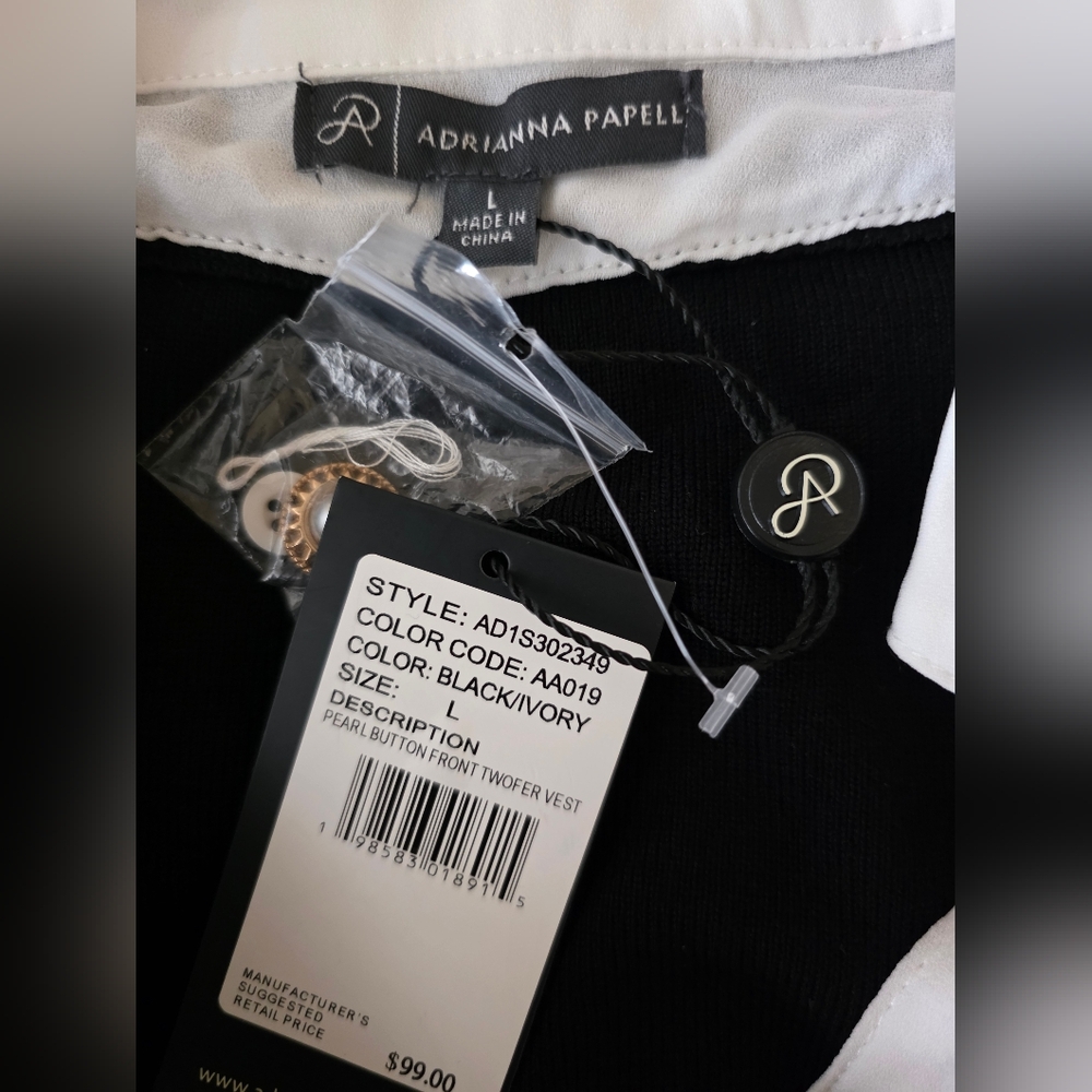 Adrianna Papell Black Button Down Sweater Vest Long Sheer Sleeves Classy Size L - Picture 7 of 14
